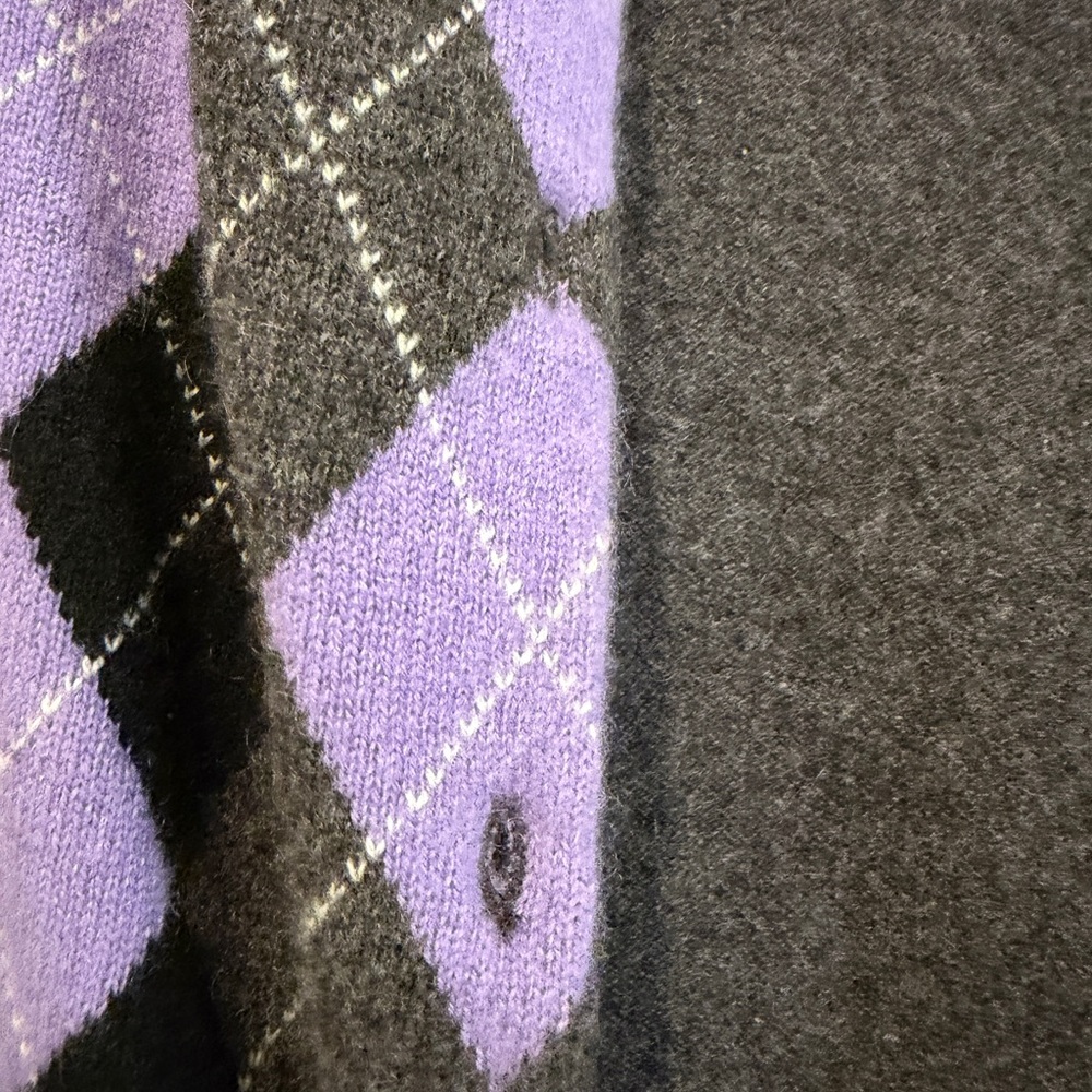 Lord & Taylor Charcoal Cardigan with Lavender Argyle Trim - Picture 2 of 4